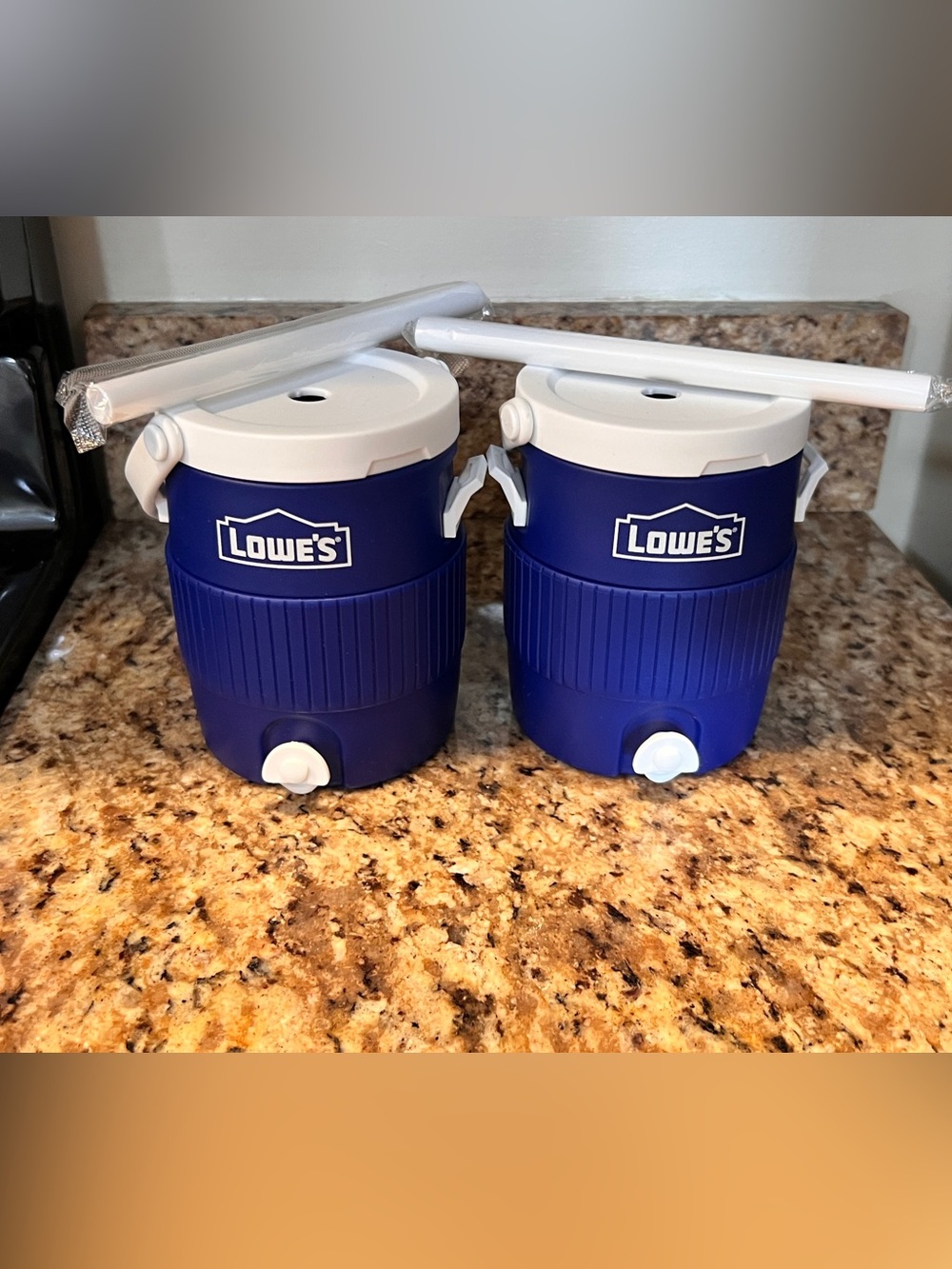 Two blue and white Lowe's Mini Cooler Cups